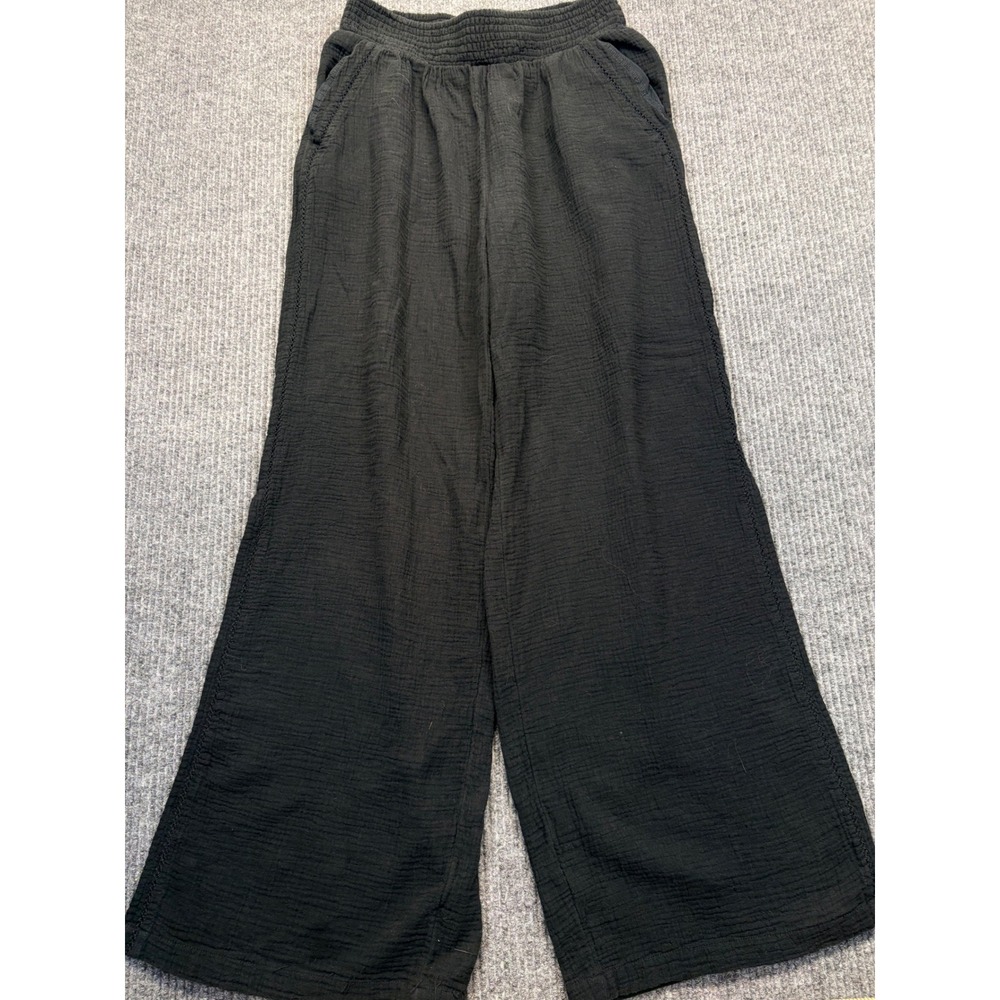 Aerie Black Gauze Wide Leg Pants Smocked Waist Side Slit Pockets Medium